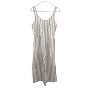 ST Tropez Linen Jumpsuit – Tan/White Stripes – Size 2 – Wide-Leg Capri Style